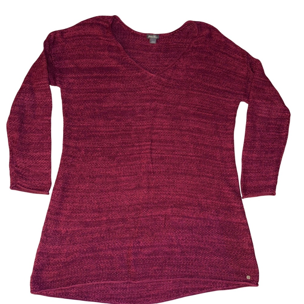 Eddie Bauer Burgundy 100% Cotton Marled Knit V Neck Tunic Sweater Women's Size L